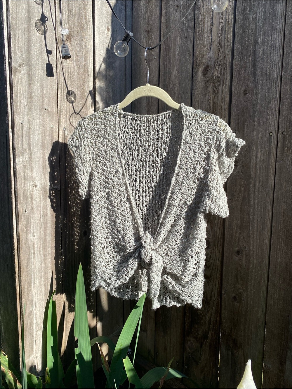 Open-Knit Tie-Front Short Sleeve Shrug - Light Gray